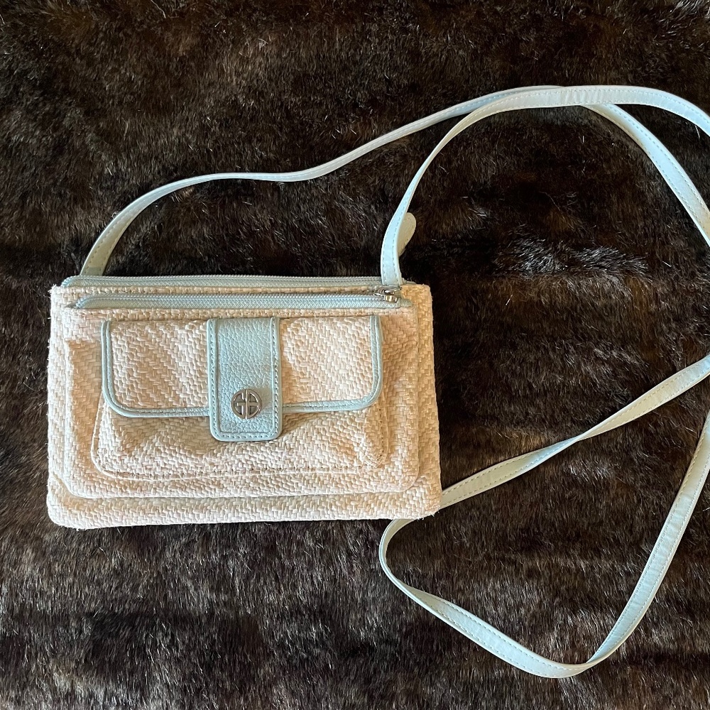Gianni Bernini straw bone and blue crossbody, excellent condition